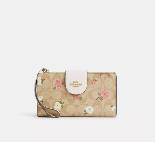 Coach Phone Wallet In Signature Canvas With Floral Print